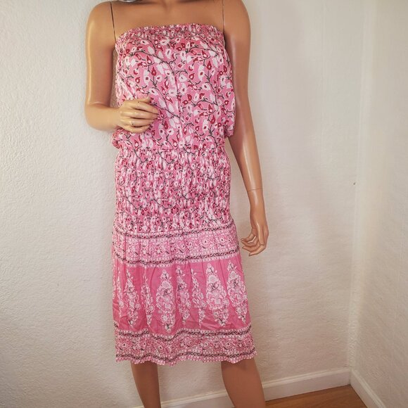 Muche Et Muchette Strapless Smocked Waist Floral Pink Tube Top Dress M/L EUC - Picture 2 of 13